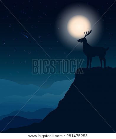 Deer Silhouette Standing On A Cliff With Moon. Vector Illustration
