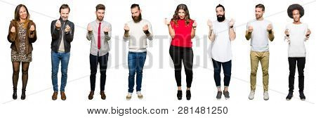 Collage of people over white isolated background Doing money gesture with hand, asking for salary payment, millionaire business