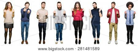 Collage of people over white isolated background Doing money gesture with hand, asking for salary payment, millionaire business
