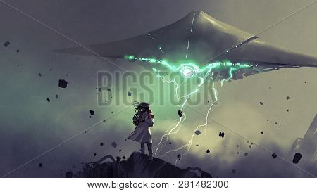 Sci-fi Scene Of Young Mother Carrying Her Baby Looking At The Spaceship In The Sky, Digital Art Styl