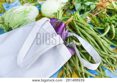 Zero Waste Use Less Plastic Say No Plastic Bag Concept / Fresh Vegetables Organic In Eco Cotton Fabr