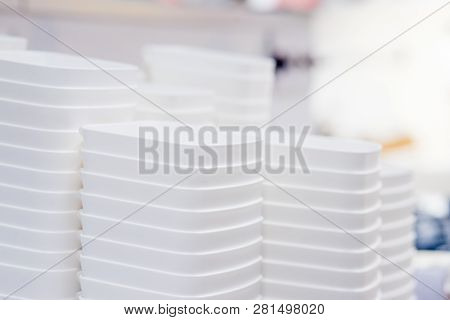 Folded White Transparent Plastic Container.stack Of Plastic Containers, Boxes.say No To Plastice Tex