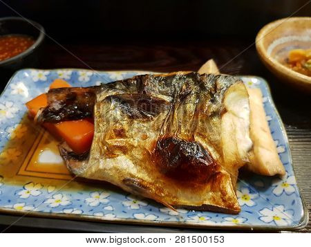 Japanese Food Style, Top View Of Grilled Mackerel Steak With Teriyaki Sauce On The Table In Japan Re
