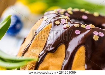 Delicious Holiday Slovak And Czech Cake Babovka With Chocolate Glaze. Easter Decorations - Spring Tu