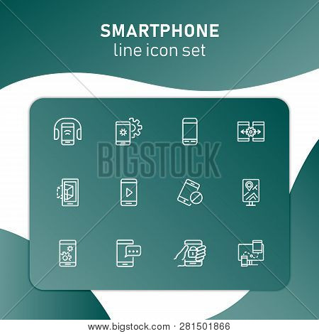 Smartphone Line Icon Set. Settings, Navigation, Multimedia Content. Mobile Technology Concept. Can B