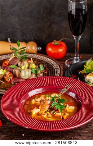 Concept Of French Cuisine. Laid Table In A Restaurant For A Celebration Of Different Dishes. Backgro
