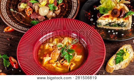 Concept Of French Cuisine. Laid Table In A Restaurant For A Celebration Of Different Dishes. Backgro