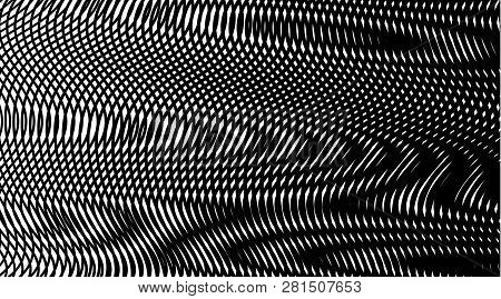 Contrast Monochrome Hypnotic Background With Linear Illusions And Moire Effect. Line Art. Black And 