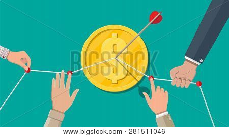 Hand Of Businessman Pointing To The Arrow From Coin Target. Goal Setting. Smart Goal. Business Targe