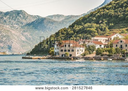 View Of The Kamenari - Lepetani Ferry Service In The Bay Of Kotor, Montenegro.