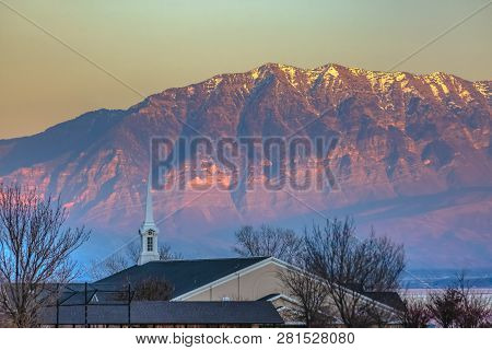 Church Steeple Against Mount Timpanogos In Utah