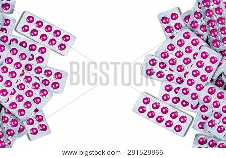 Ibuprofen In Pink Tablet Pills In Blister Pack Isolated On White Background With Copy Space. Ibuprof