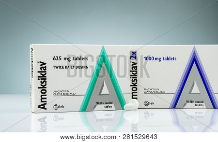 Chonburi, Thailand-october 14, 2018 : Amoksiklav Film Coated Tablets. Amoxicillin And Clavulanic Aci