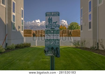 Dog Waste Station Outside Buildings In Utah Valley