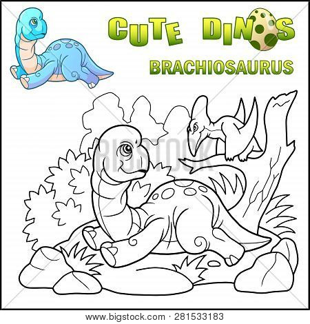 Little Cartoon Prehistoric Dinosaur Brachiosaurus, Coloring Book, Funny Illustration