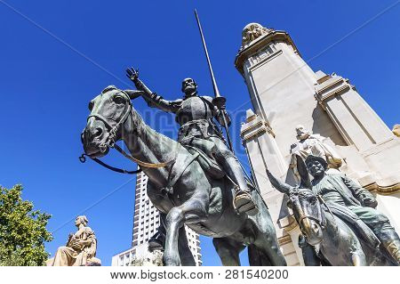 Monument To The Writer Miguel De Cervantes In Madrid. Spain