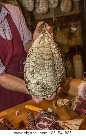 Delicious Culatello In The Hands Of The Butcher.