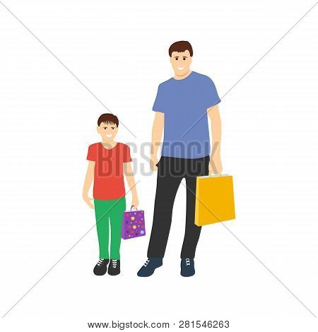 Father With Son Shopping On White Background