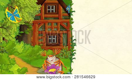 Cartoon Scene With Older Wooden House In The Forest And Beautiful Young Woman And Dumbledore - With 