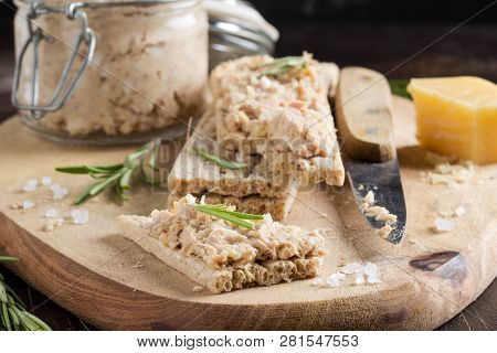 Tuna Pate With Egg, Cheese In Jar And Crispy Bread. Fish Rillette, Healthy Snack, Diet Food