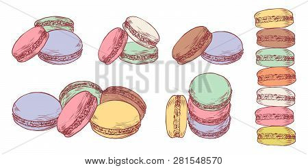 Set Of Delicious Hand Drawn French Macarons In Different Compositions. Engraving Style Pen Pencil Pa