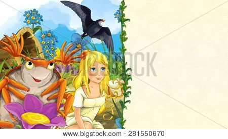 Cartoon Scene With Beautiful Woman On The Meadow With Dumbledore And Flying Cuckoo - With Space For 