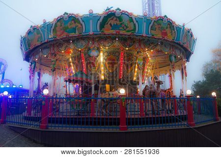 Helsinki, Finland - October 12, 2018: Amusement Park Linnanmaki In Helsinki, Finland. Ride Carousel