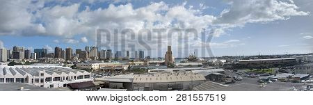 Honolulu - January 22, 2019:  Aerial View Of The Honolulu Port And Downtown Skyline With Landmarks A