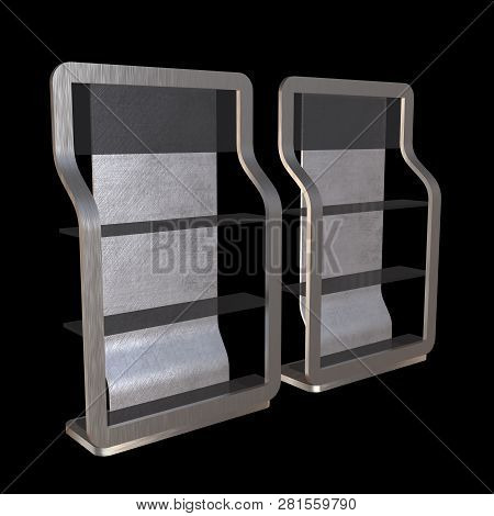 Showcase Displays Retail Shelves Stand. Trade Show Booth. 3d Render Illustration On Black Background
