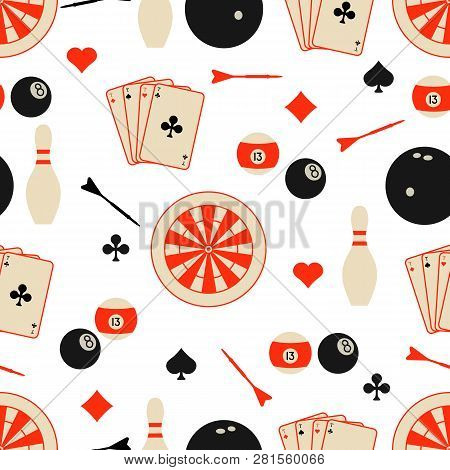 Seamless Pattern With Bowling Pins And Bowls, Target And Arrows For Darts, Playing Cards, Billiard B