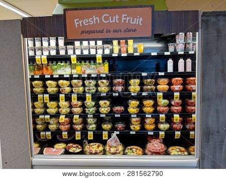 Honolulu - June 9, 2018:  Fresh Cut Fruit In Plastic Containers For Sale In Safeway Store In Kapahul
