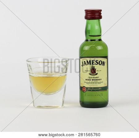 Spencer, Wisconsin, January, 29, 2019    Mini Bottle Of  Jameson Irish Whiskey And A Shot Glass   Ja