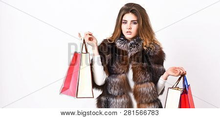 Lady Hold Shopping Bags. Discount And Sale. Fashionista Buy Clothes On Black Friday. Girl Makeup Fur