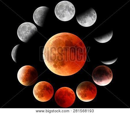 Full Red Moon Phases In Circle On Black Background. The Total Phases Of The Lunar Eclipse Turning Re
