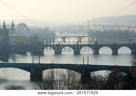 Nice Morning View Of Bridges And Vltava River From Observation Deck Of Ganavsky Pavilion, Prague, Cz