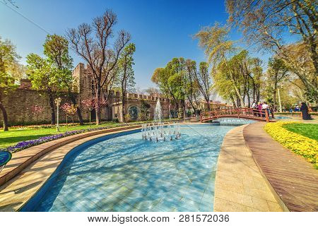 View Of The Pool In Gulhane Park During The Annual April Tulip Festival, Istanbul, Turkey