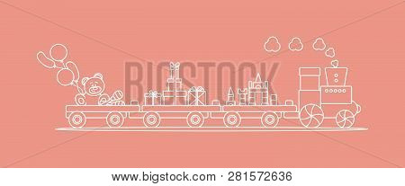 Funny Vector Illustration With Train Carries Toys: Baby Toy Musical Maracas, Designer, Bear, Gifts, 