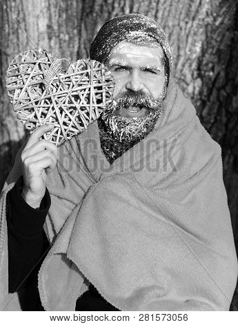 Frozen Smiling Man With Squinty Eyes , Bearded Hipster, With Beard And Moustache Covered With White 