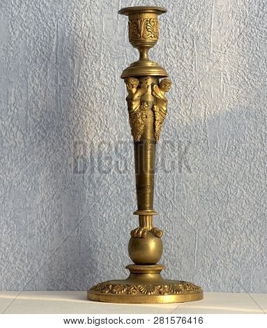 Antique Gilded Candlestick. Bronze 19th Century. Bright Golden Color.