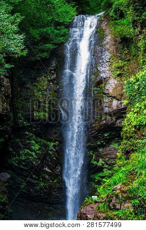 Waterfall Akarmarskiy. Eastern Abkhazia. Near The Town Of Tkvarcheli. Akarmara District.