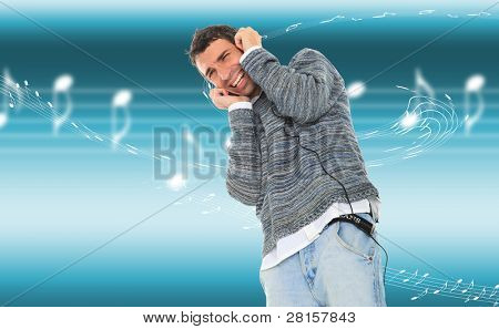 Hombre escuchar música sobre un ligero fondo musical