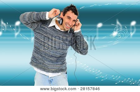 Hombre escuchar música sobre un ligero fondo musical