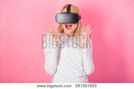 3d Technology, Virtual Reality, Entertainment, Cyberspace And People Concept. Amazed Young Woman Tou
