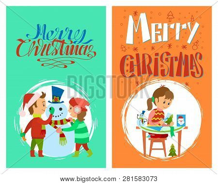 Merry Christmas Holidays Preparation Of Girl With Cards And Children Making Snowman, Vector In Round