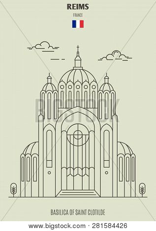 Basilica Of Saint Clotilde In Reims, France. Landmark Icon In Linear Style