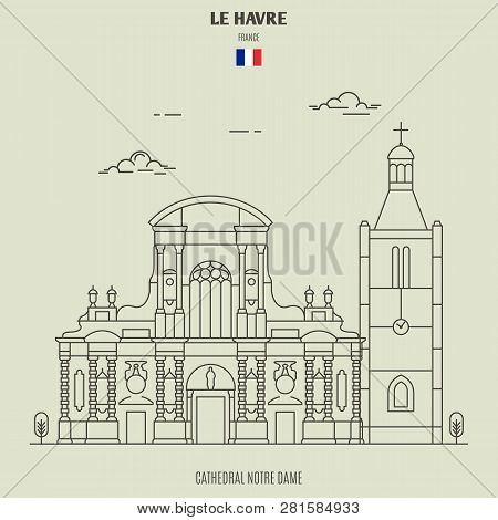 Cathedral Notre Dame Of Le Havre, France. Landmark Icon In Linear Style