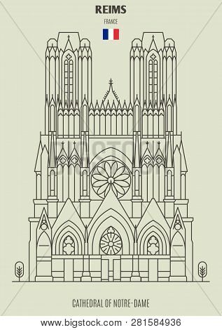 Cathedral Of Notre-dame Of Reims, France. Landmark Icon In Linear Style
