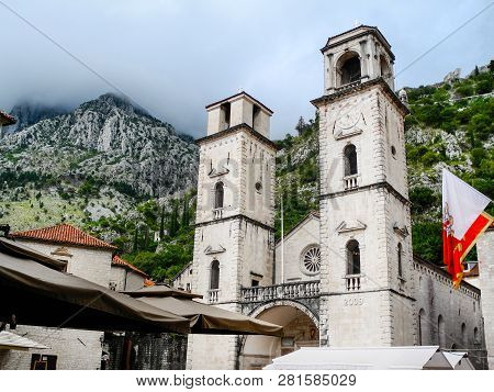 Kotor Cathedral, Montenegro. Church Of Saint Tryphon.  Crna Gora.  Mountains Background.
