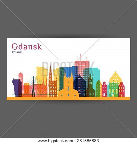 Gdansk City Architecture Silhouette. Colorful Skyline. City Flat Design. Vector Business Card.