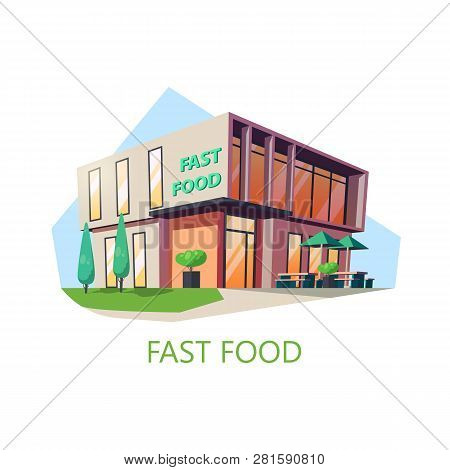 Fast Or Junk Food Shop. American Cafe With Unhealthy Nutrition. Store Building With Hamburger And Dr